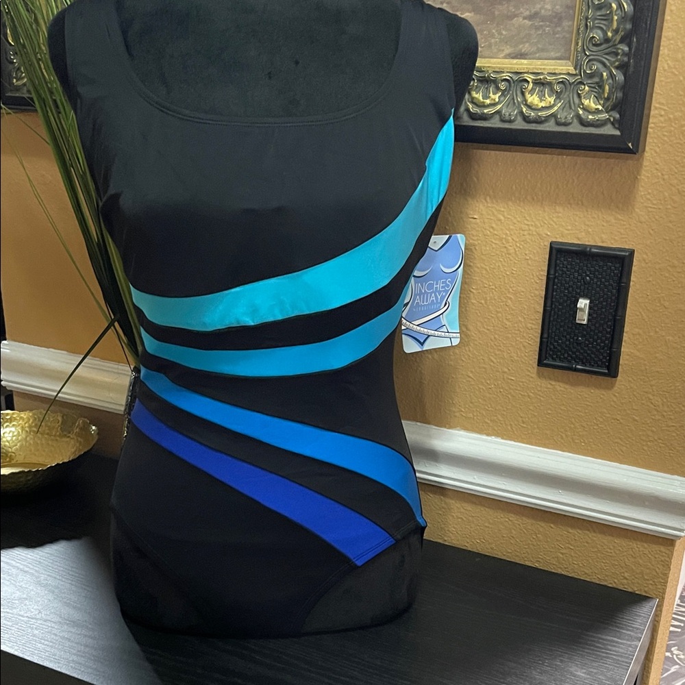 NWT Inches Away Black and Blue Striped Swimsuit